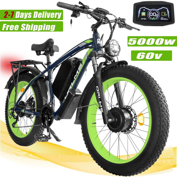 5000w Peak Dual Motor Electric Bike, 26" Fat Tire Shimano 21 Speed 45 MPH Commuter Mtb, 60V 25AH Front Suspension Ebike