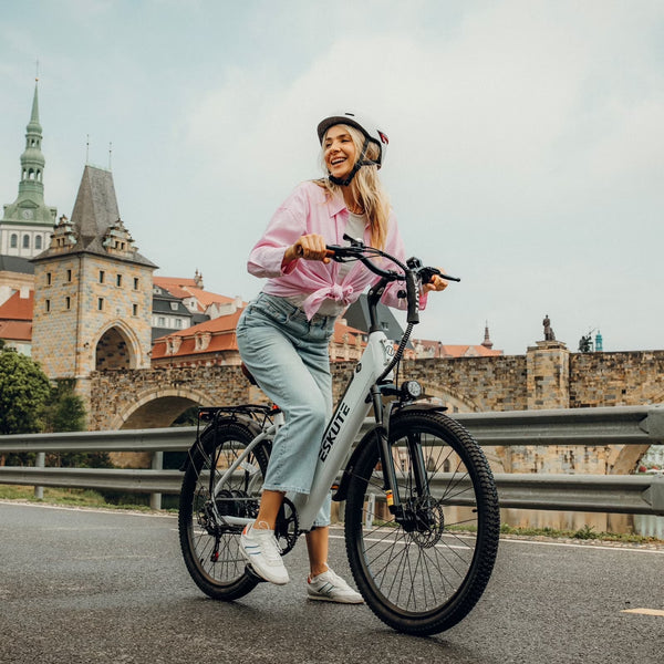 ESKUTE White Electric Bike for Adults - Peak 1500W Brushless Motor, 19MPH, 500W Motor 48v14ah Removable Battery, 26" Step - Thru Cityrun Ebike, 7 - Speed, up 70 Miles, Commuter E - Bike, with NFC Unlock