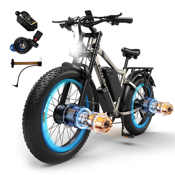 3000W Peak Dual Motor E - Bike, 52V 25AH Battery Elec - Tric Bike for Adults, 35MPH Mountain AWD 7 - Speed Snow E - Bike with 24" x 4.0 Fat Tire for Mountain Snow Hunting Commuting