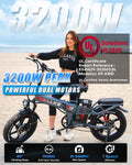 Wallke H9 AWD 3200W Dual Motor Electric Bike for Adult, 82ah 48V Dual Battery Long Range E - Bicycle, 31 - 34MPH Fast Ebike, 20" Fat Tire Offroad Full Suspension Folding, 3mm Aluminum Alloy Frame, UL2849