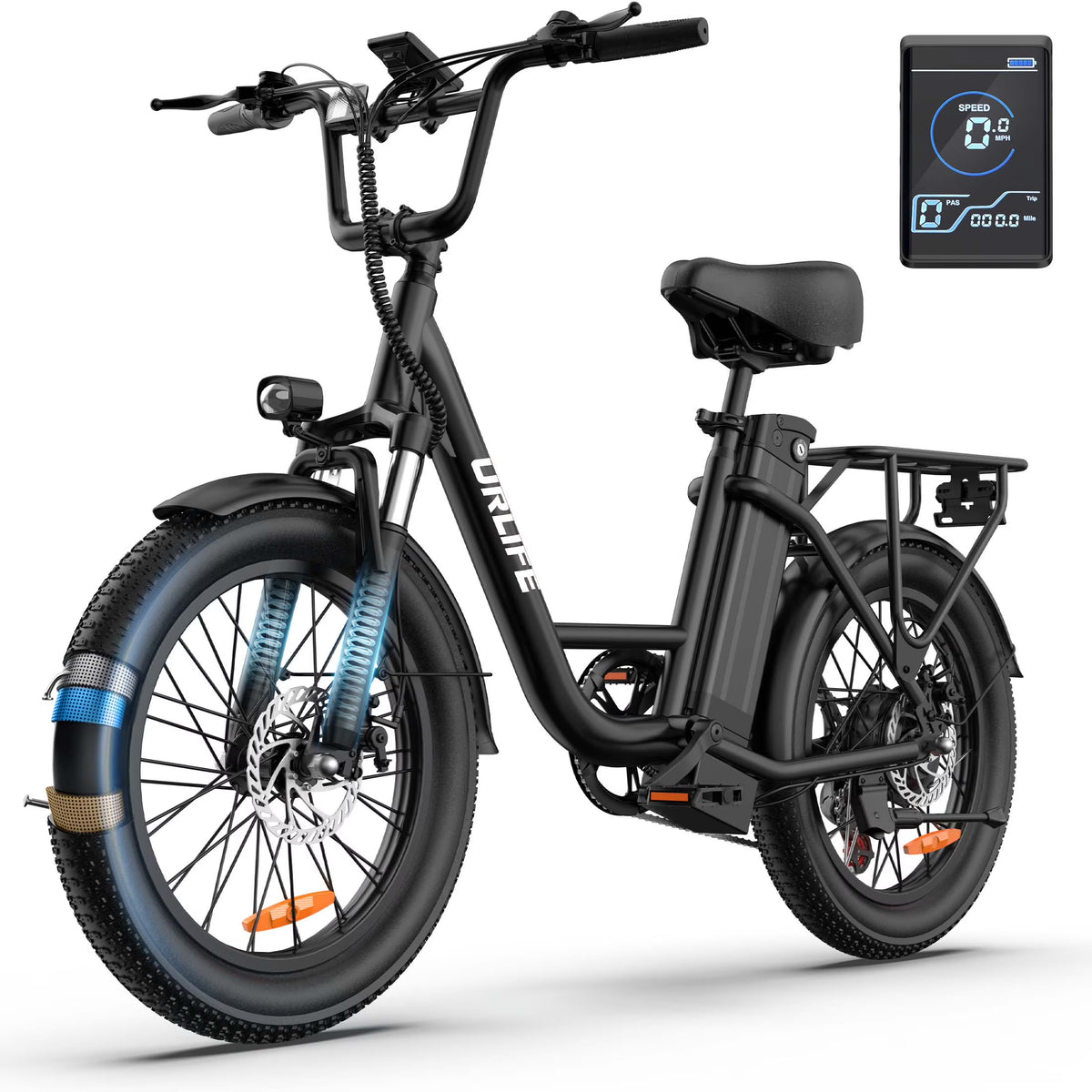 URLIFE 20" Electric Bike for Adults, 1000W Peak Motor, 48V 13AH Remobavle Battery, 7 - Speed Mountain Ebike, UL2849 - Black
