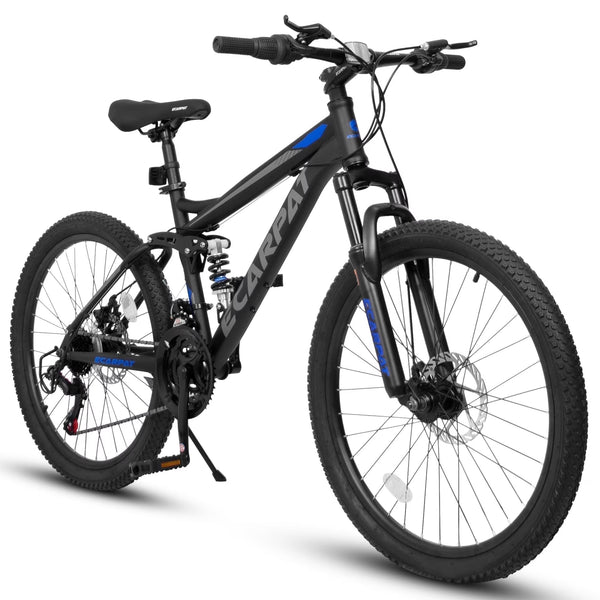24 in Dual/Front Suspension Mens Womens Mountain Bike, 21 Speeds Dual Disc Brake, High - Carbon Steel Frame, Trail Beach Snow Commuter City Bikes, Black