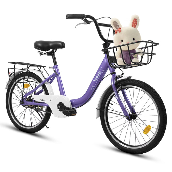 20 in Kids Bike for Boys Girls, 1 Speed Children Bicycle with Basket, Rear Seat, Chain Guard, Coaster Brake and V - Brake, Steel Frame Kids Bike for Ages 6 - 12 Years Old Birthday Gift, Purple