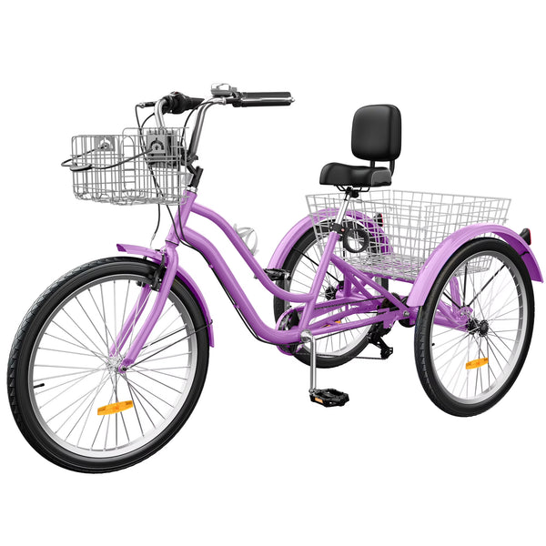 Dextrus 24 in 3 - Wheel Bike, Single Speed Adult Trike, Low Step - Through Cruiser with Front & Rear Baskets, Large Adjustable Seat with Backrest for Seniors, Men, and Women (Purple)