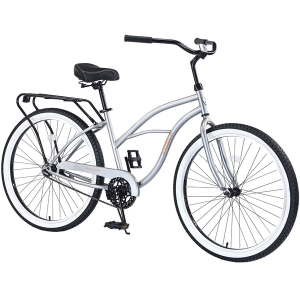 26 in Beach Cruiser Bike, Single Speed Bicycle with Steel Frame, Wide Wheels and Rear Coaster Brakes, Comfortable City Commuter Bike for Adult Men, Silver
